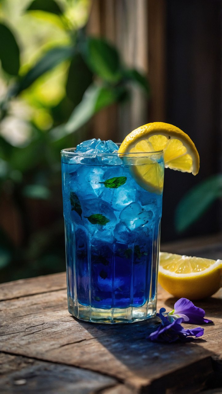 Glass of blue lemonade with mint leaves and lemon slice on a wooden table, surrounded by fresh lemons and butterfly pea flowers.