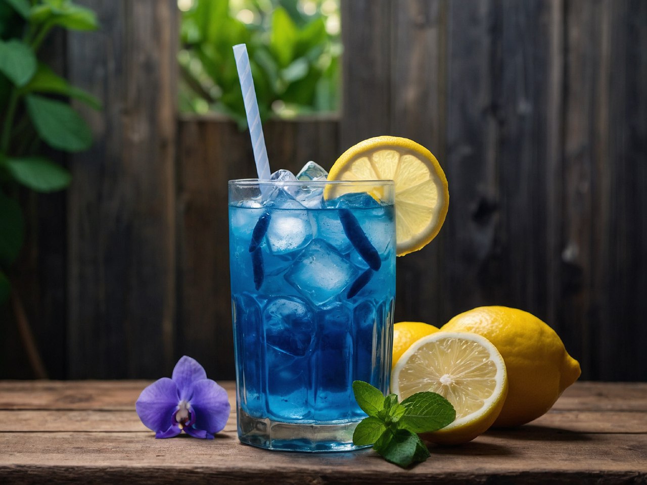 Glass of blue lemonade garnished with mint leaves and lemon slice on a rustic wooden table.