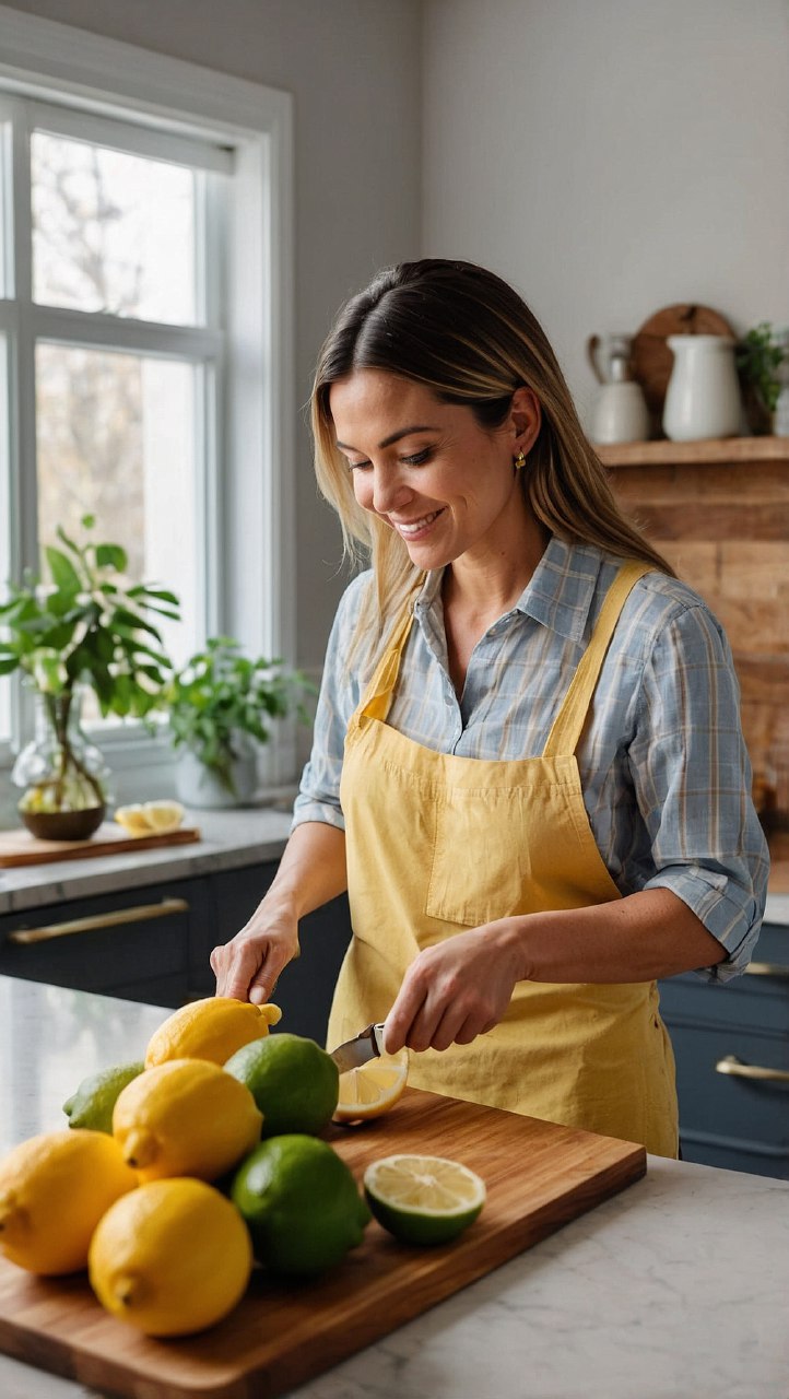  Woman in a bright kitchen cutting fresh lemons with butterfly pea flowers and a glass pitcher nearby.