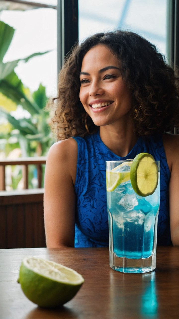  Woman enjoying a glass of blue lemonade by a sunny window with a tropical view.