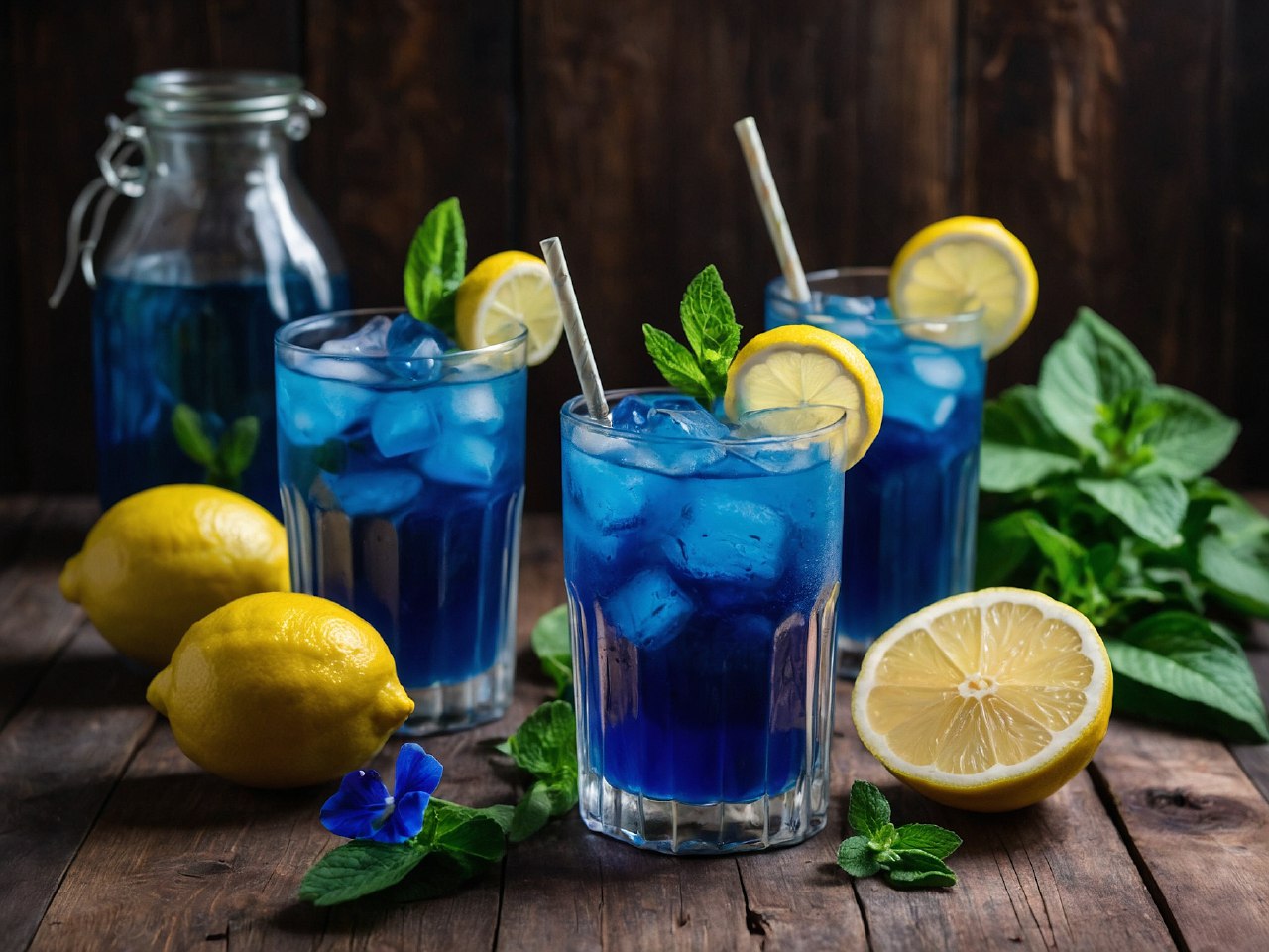 Glass of blue lemonade with mint leaves and lemon slice on a wooden table, surrounded by fresh lemons and butterfly pea flowers.