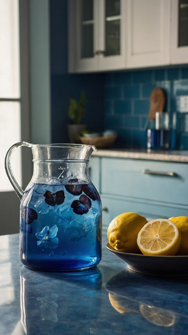 Butterfly pea flowers steeping in a glass teapot with vibrant blue water on a kitchen counter.