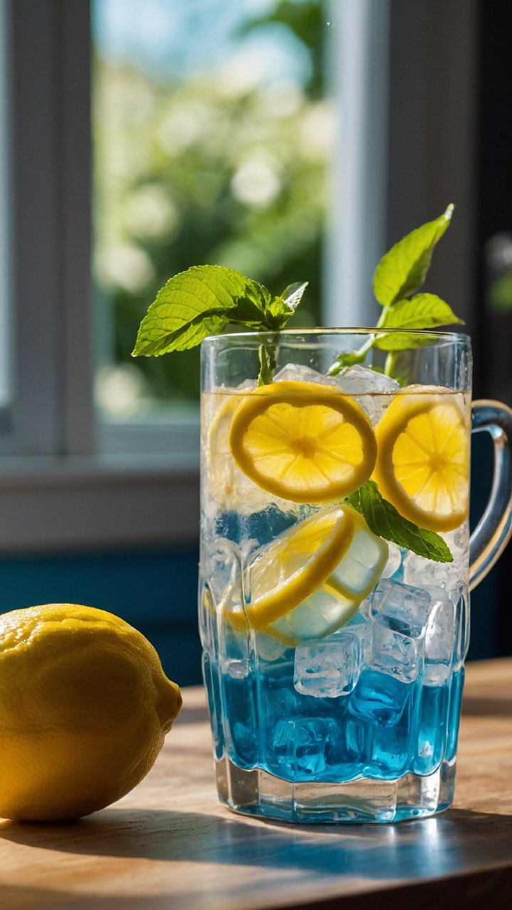 A vibrant glass of blue lemonade on a rustic wooden table, garnished with fresh mint leaves and a thin slice of lemon, surrounded by fresh lemons and butterfly pea flowers.