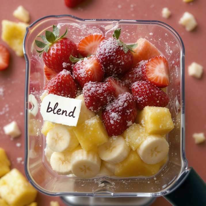 A detailed image of a blender filled with layered ingredients, including fresh and frozen strawberry pinapple and banana, with a liquid base at the bottom, captured from an overhead perspective and a hand written marker that write blend